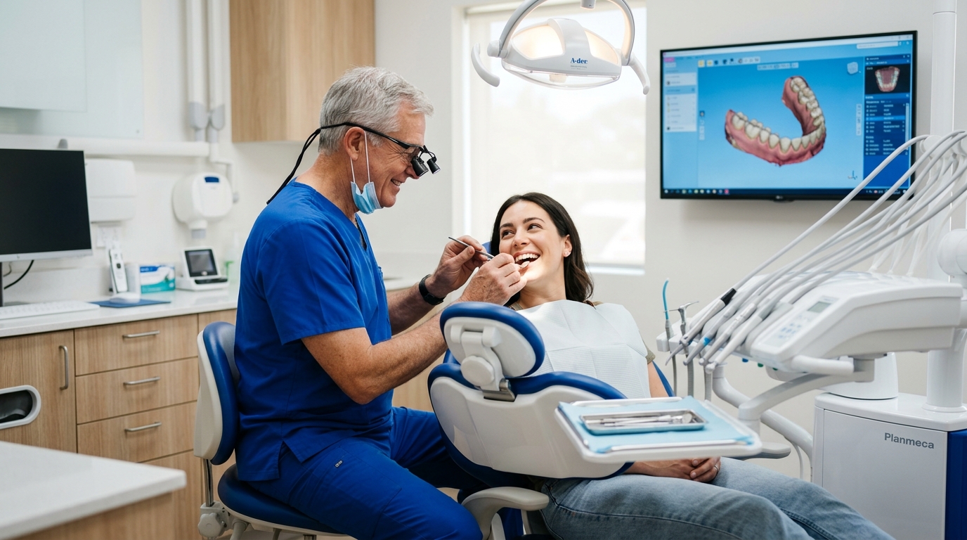 Doctor treating smiling patient at N Square Dentistry