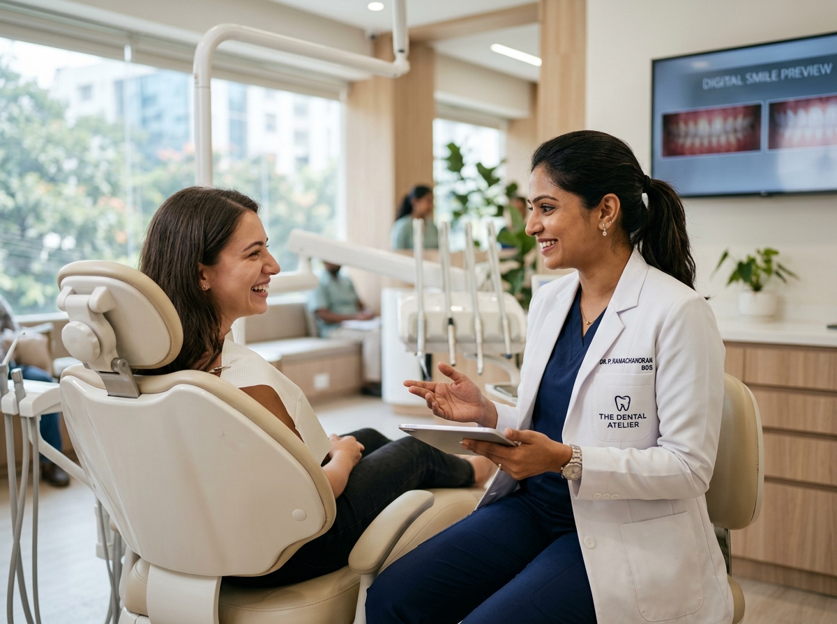 South Indian dentist consulting with smiling patient at N Square Dentistry